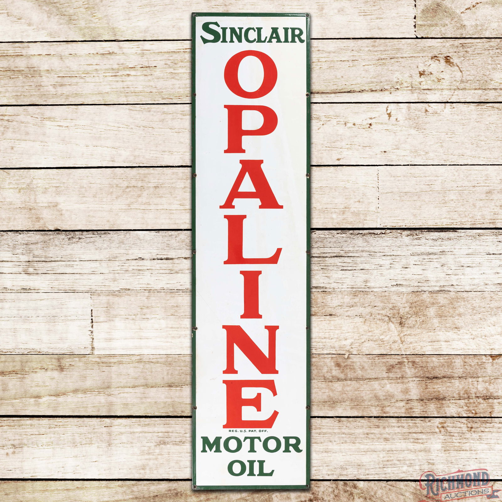 Outstanding Sinclair Opaline Motor Oil 5' Single Sided Porcelain Sign: SSP (Single Sided Porcelain) sign has excellent color and gloss. The field is very clean overall with minor surface imperfections and a fine scratch in the lower left field. The perimeter has slight d