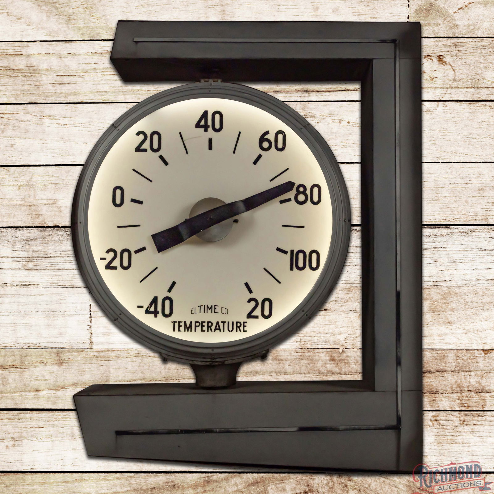 El Time Company 40" "Rotating" Internally Lighted Advertising Clock & Thermometer: Double sided internally lighted clock and thermometer with the factory metal housing and bracket has good color. The clock, thermometer and lighted portions work as they should. The bracket features a