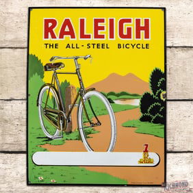 Impressive Raleigh "The All-Steel Bicycle" Single Sided Porcelain Sign w/ Logo