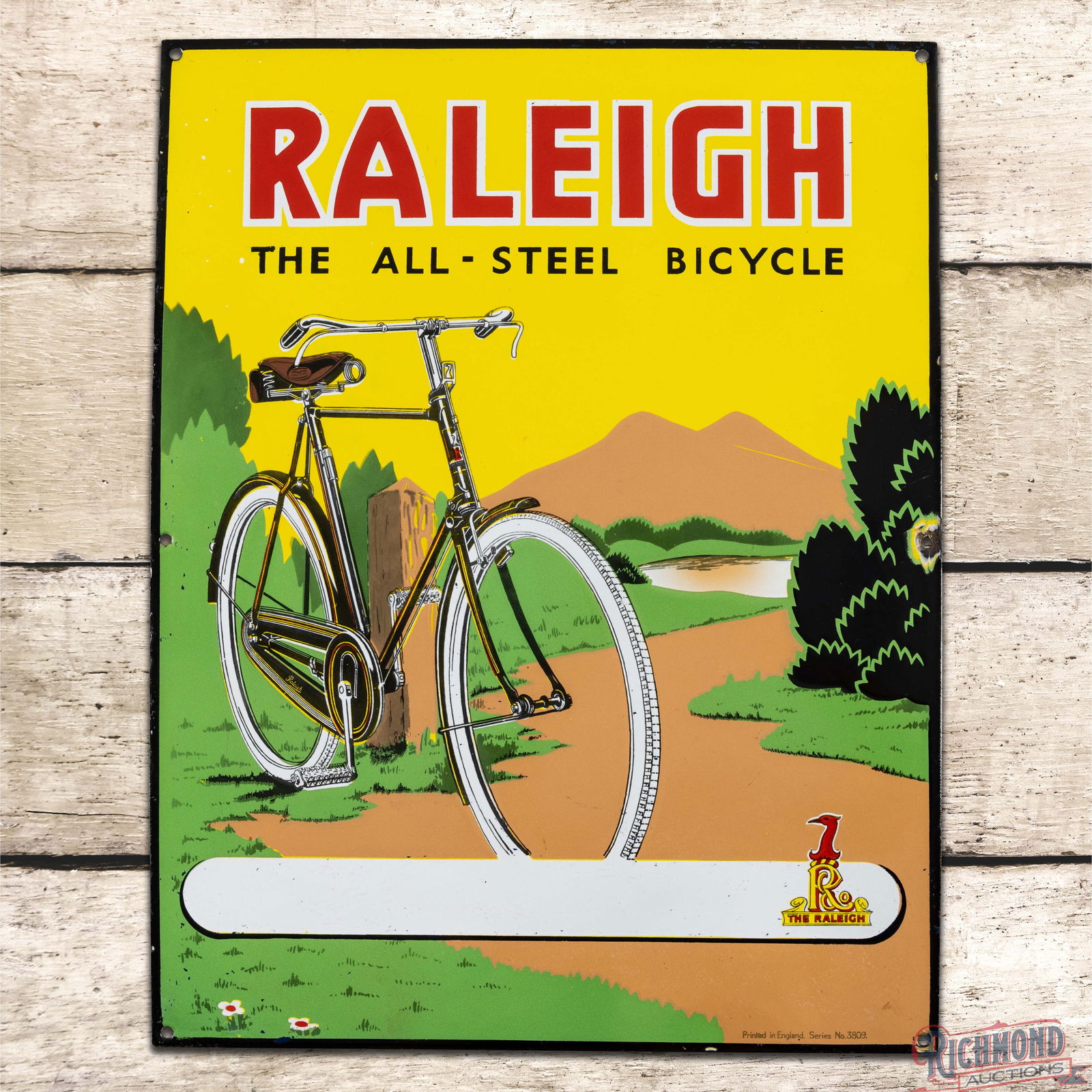 Impressive Raleigh "The All-Steel Bicycle" Single Sided Porcelain Sign w/ Logo: SSP (Single Sided Porcelain) sign has outstanding color and gloss. The display features a detailed scene with Raleigh Bicycle and logo in the lower right field. The display is exceptionally clean