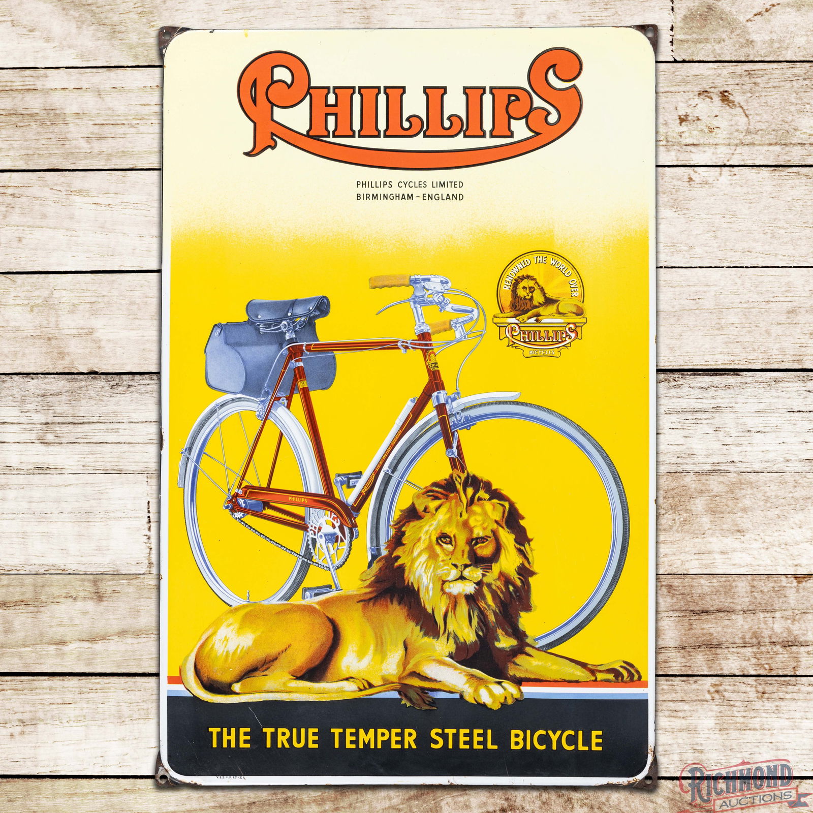 Exceptional Phillips "The True Temper Steel Bicycle" Single Sided Porcelain Sign w/ Lion: SSP (Single Sided Porcelain) rolled-edge sign has outstanding color and gloss. The display features detailed graphics of a bicycle and a Lion with numerous porcelain enamel colors. The fields are