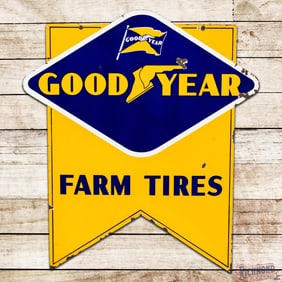Goodyear Farm Tires Die Cut Double Sided Porcelain Sign w/ Wingfoot & Flag Logos