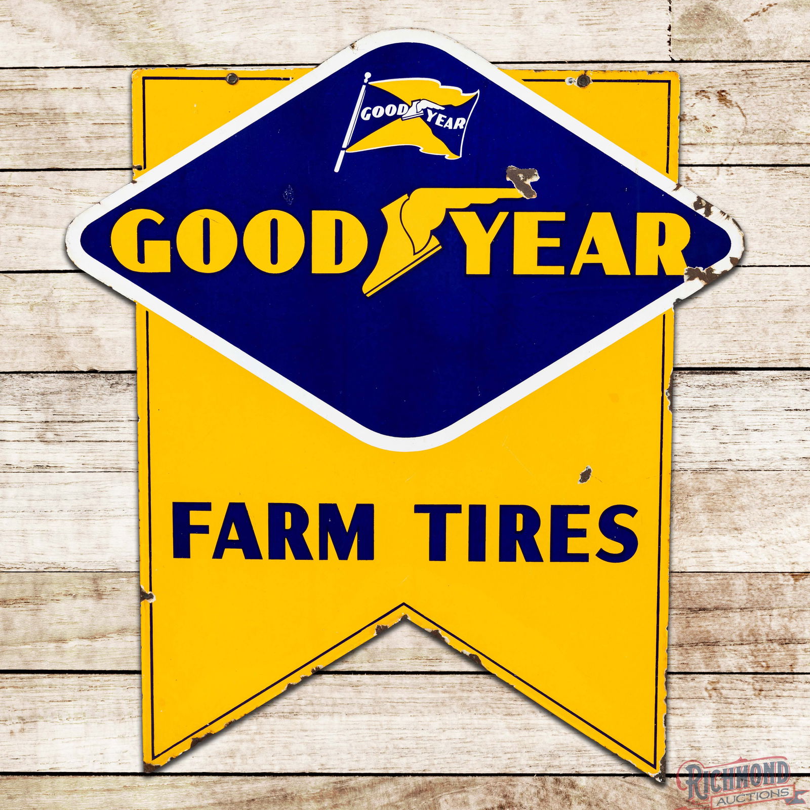 Goodyear Farm Tires Die Cut Double Sided Porcelain Sign w/ Wingfoot & Flag Logos: DSP (Double Sided Porcelain) die cut sign has excellent color and gloss. The display has light surface wear with fine scratches, small chips and a bruise in the left outer field. The perimeter has