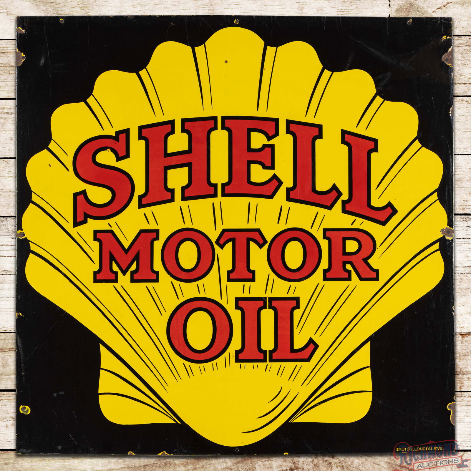 Shell Motor Oil 40" Single Sided Porcelain Logo Sign: SSP (Single Sided Porcelain) sign has excellent color and gloss. The field exhibits light wear with small chips in the outer fields. The perimeter has fine scratches with chips at the mounting holes