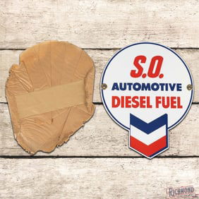 Amazing NOS Chevron S.O. Automotive Diesel Fuel Die Cut SS Porcelain Gas Pump Plate Sign w/ Paper