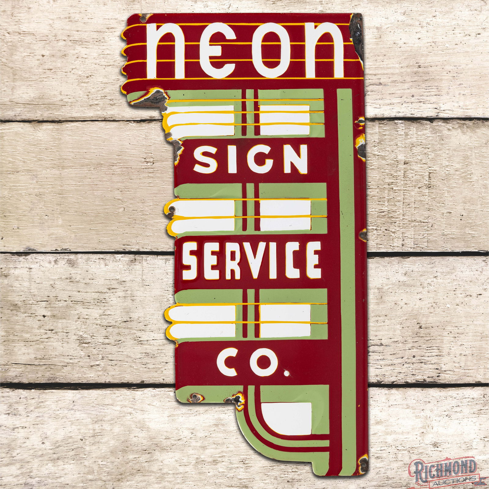 Neon Sign Service Co. Die Cut 24" Single Sided Porcelain Sign: Outstanding SSP (Single Sided Porcelain) die cut sign has excellent color and gloss. The field is very clean overall with minor surface imperfections. The perimeter has chips at the mounting holes