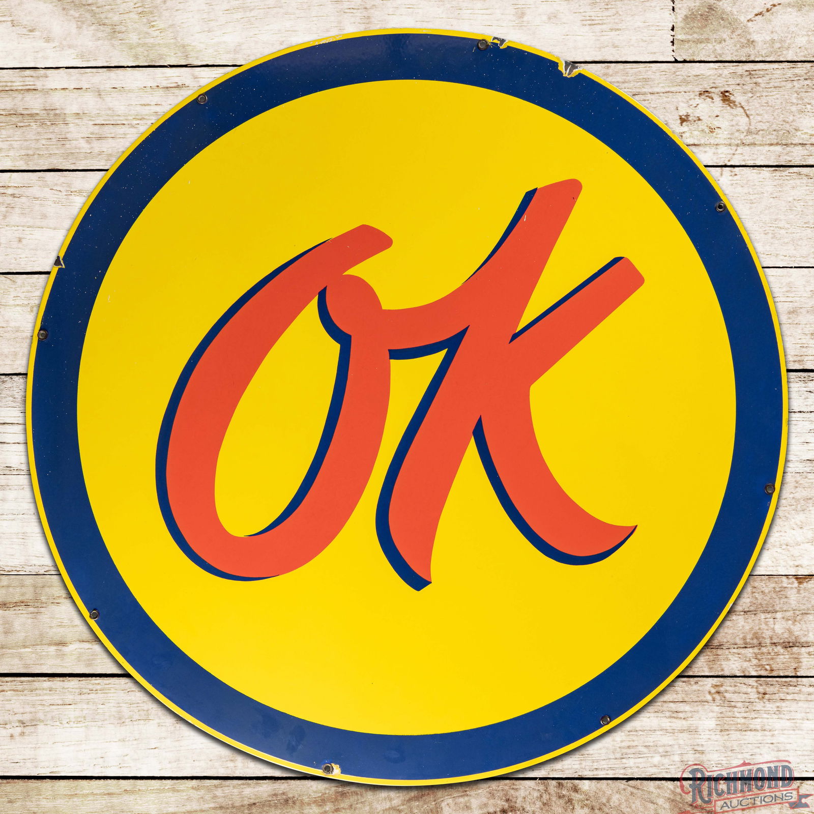 Superb Chevrolet OK 36" Single Sided Porcelain Logo Sign: SSP (Single Sided Porcelain) sign has excellent color and gloss. The field is clean with small areas of errant white paint which are also present in the upper fields and edges. The perimeter has a
