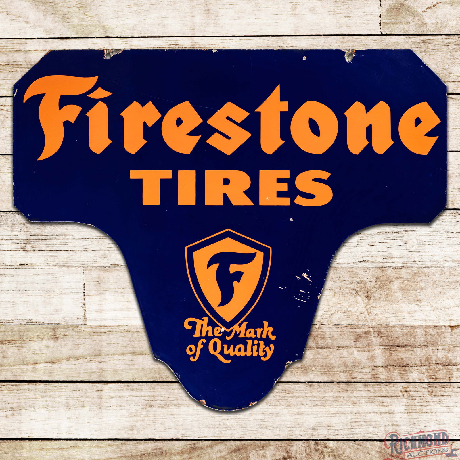 Firestone Tires "The Mark of Quality" 3' Die Cut Double Sided Porcelain Sign w/ Logo: DSP (Double Sided Porcelain) die cut sign has outstanding color and gloss. Side #1 has tiny chips in the lower fields with minor surface imperfections. The perimeter has chips at the upper mounting ho