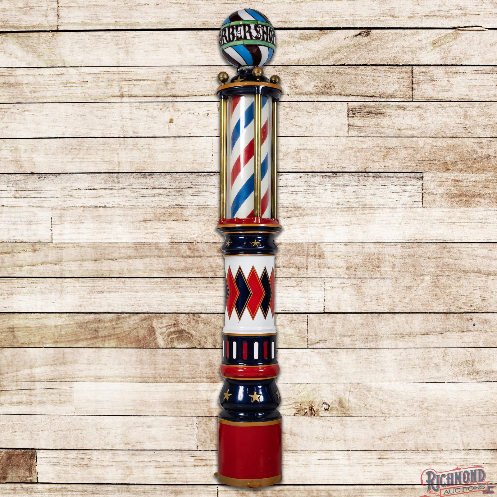 Amazing Jas Barker Rotating Cast Iron Barber Shop Pole w/ Globe: Professionally restored Jas Barker reproduction rotating barber pole with illuminated globe. The pole base is cast iron with aluminum rings, brass arms, rotating inner cylinder and glass outer cylinde