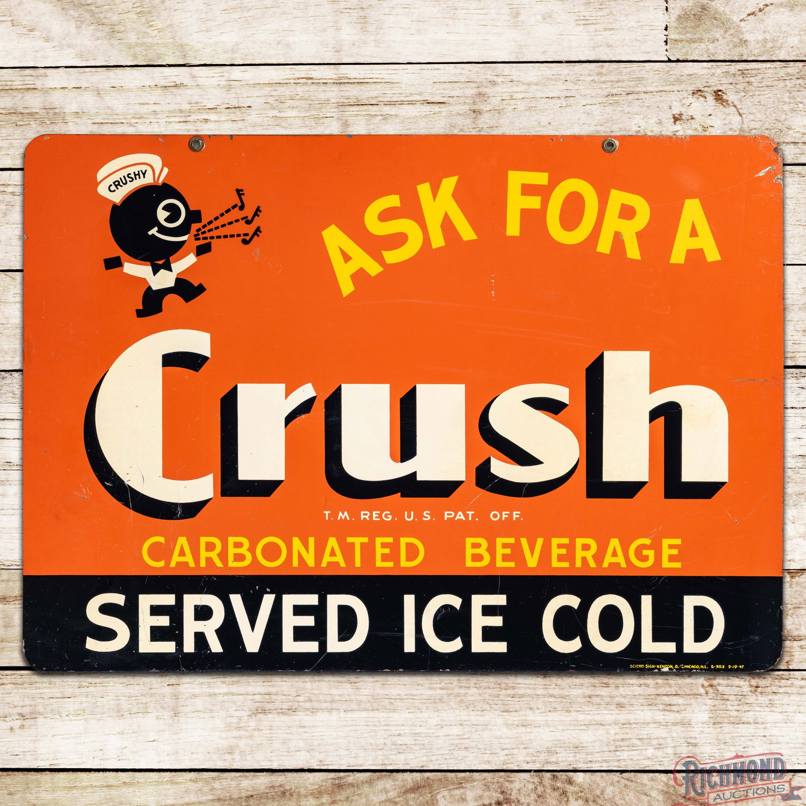 1947 Ask For A Orange Crush Carbonated Beverage "Served Ice Cold" Double Sided Tin Sign w/ Crush (1 of 3)