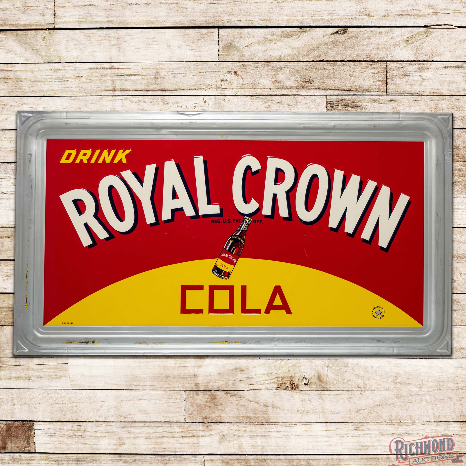 1941 Drink RC Royal Crown Cola "A Product of Nehi Corp" Emb. Single Sided Tin Sign w/ Bottle (1 of 3)