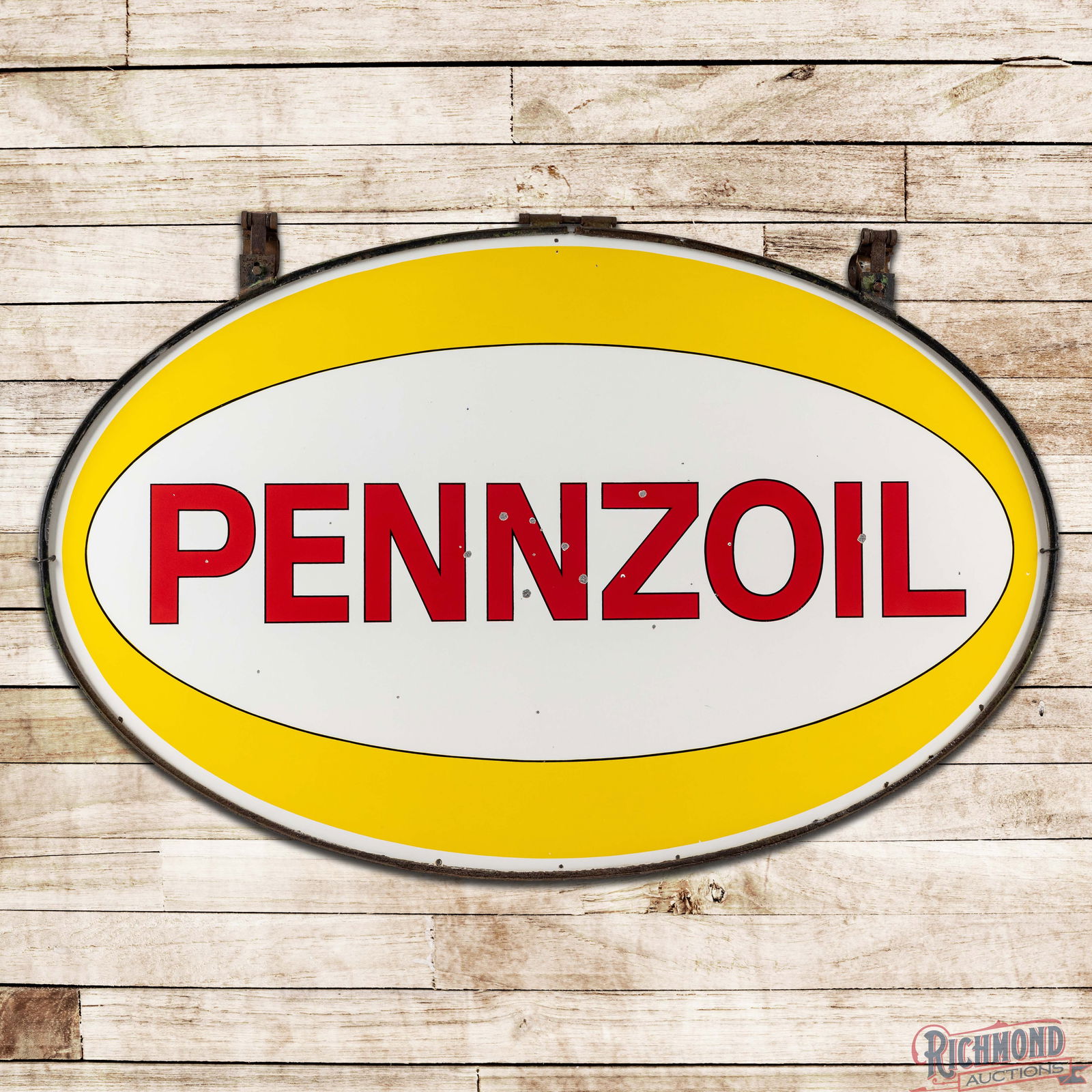 Pennzoil Gasoline 7.5' Double Sided Porcelain Service Station ID Sign w/ Factory Ring: DSP (Double Sided Porcelain) sign with the factory ring and hangers has very good color and gloss. The display has light wear with chips in the fields and light edge wear. The reverse is in a similar