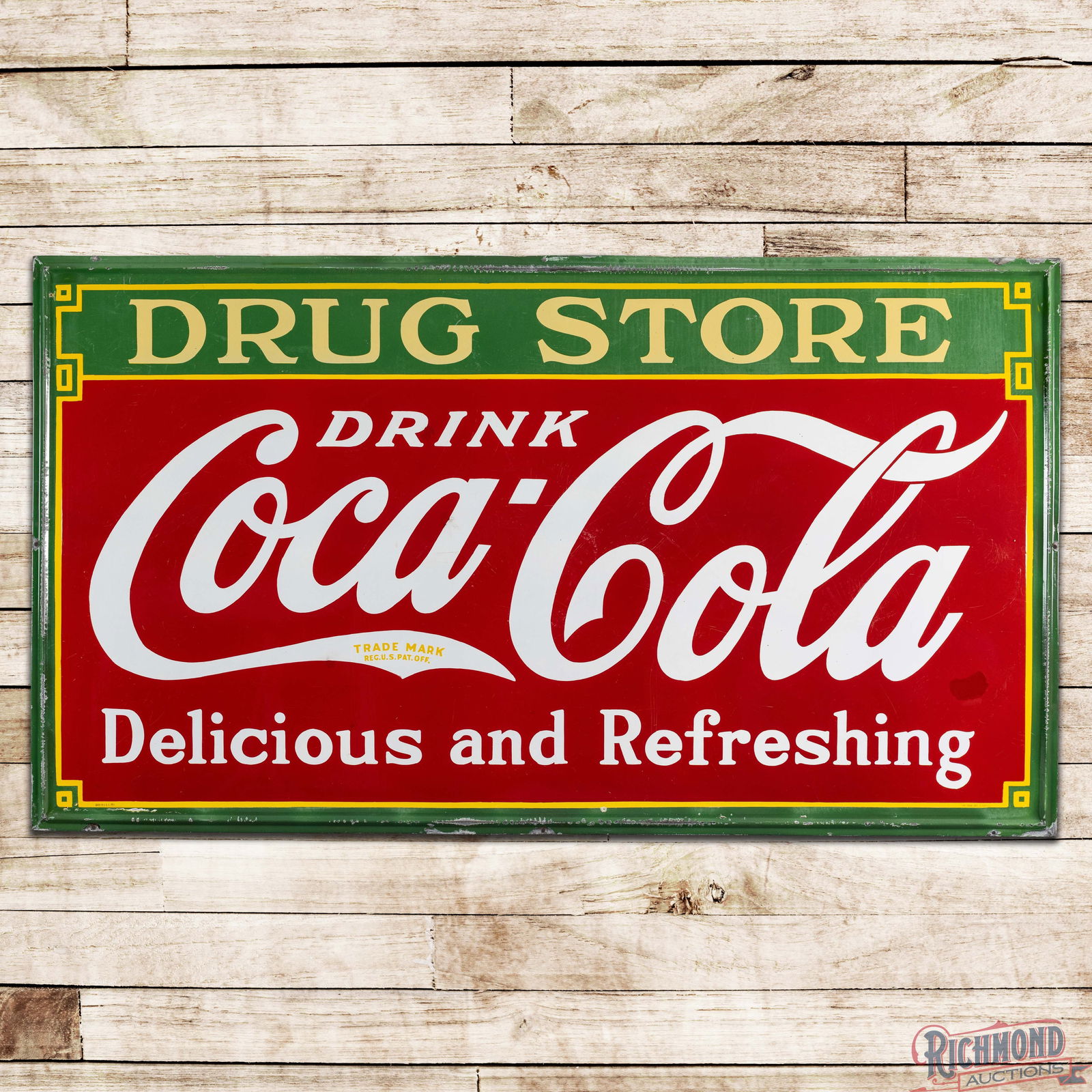 1934 Drug Store Drink Coca Cola "Delicious and Refreshing" 8' Single Sided Porcelain Sign: SSP (Single Sided Porcelain) self-framed sign has good color and gloss. The field exhibits fine scratches with minor crazing. The lettering and outer fields have color-matched chips, with the largest