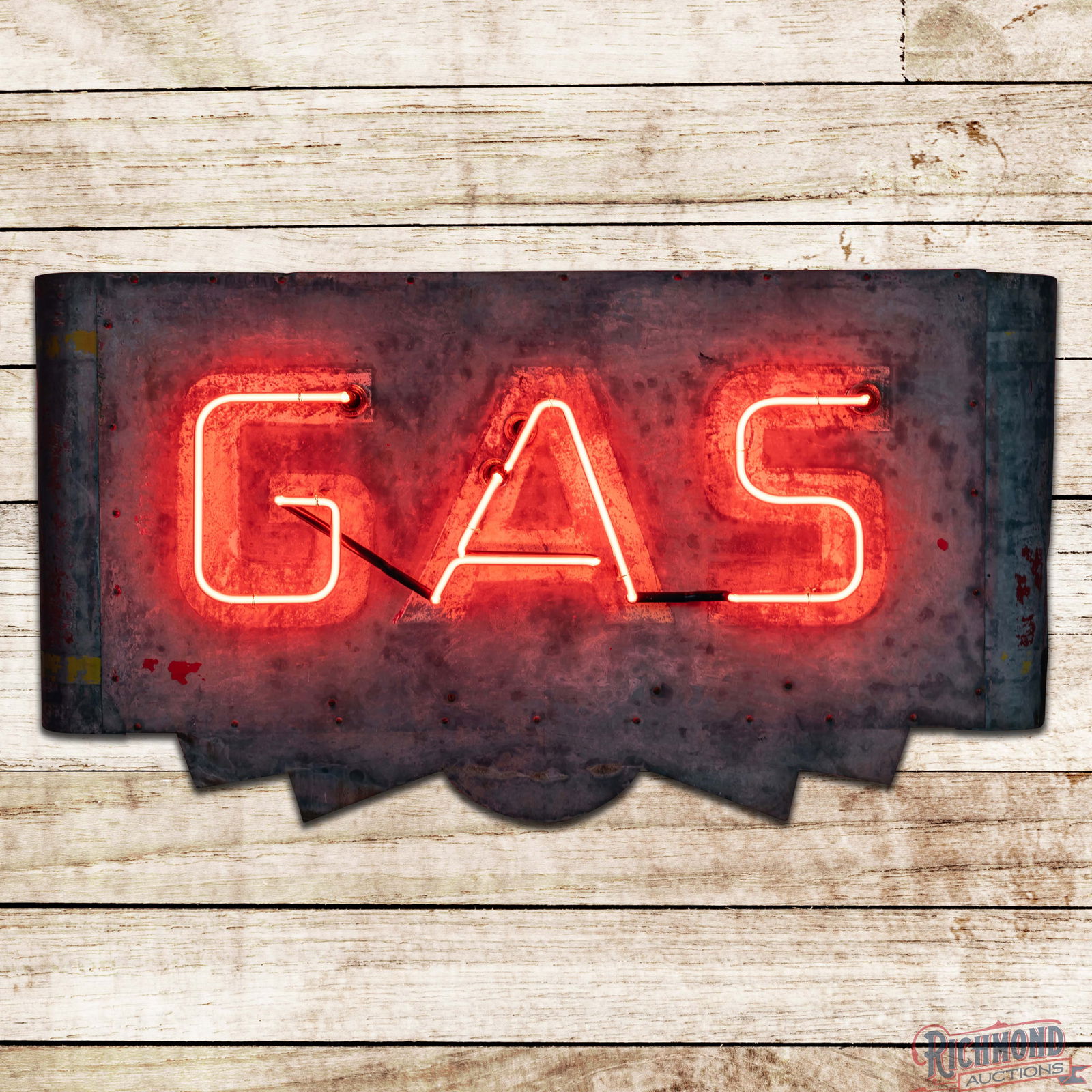 GAS Service Station Double Sided Tin Factory Neon Sign w/ Hangers: DST (Double Sided Tin) factory neon sign with the original metal frame and hangers shows general wear throughout. The sign features single-color flashing "GAS" lettering on both sides. The display and
