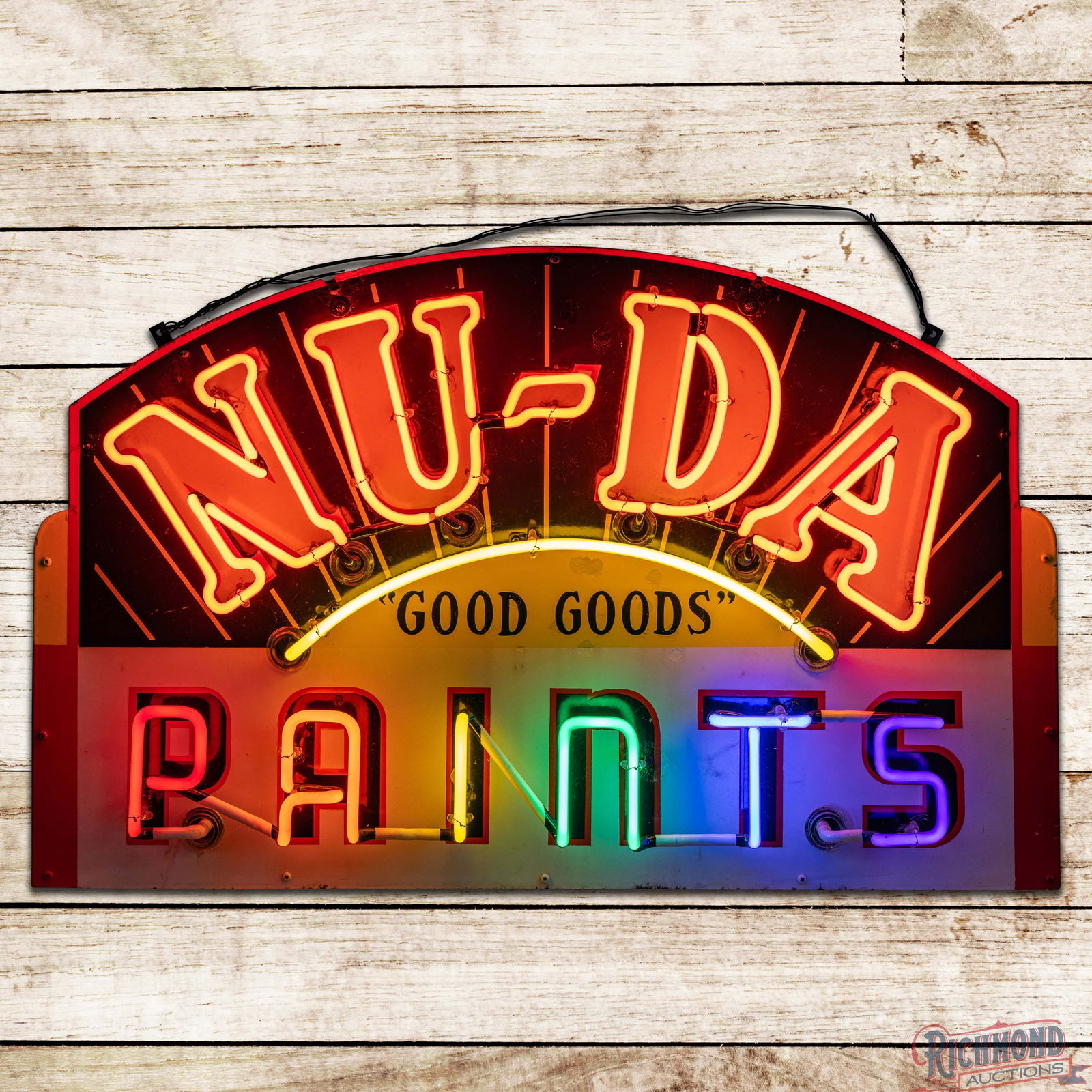 NU-DA "Good Goods" Paints Die Cut 3' Single Sided Porcelain Neon Sign: SSP (Single Sided Porcelain) die cut sign with added neon and a metal can has good color and gloss. The sign features unique porcelain enamel with seven-color neon. The display has areas of surface we