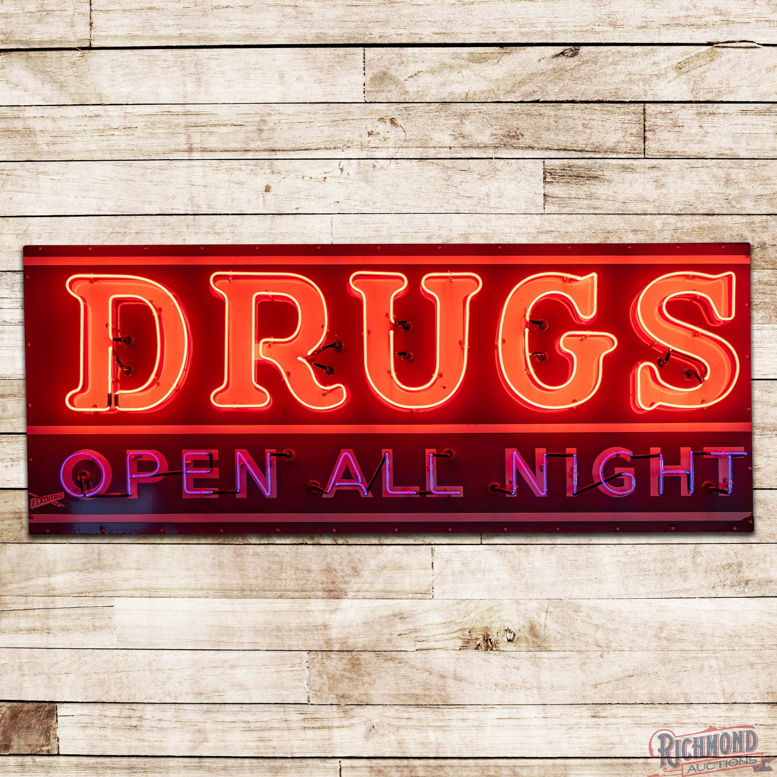 Drugs Open All Night 7.5' Single Sided Porcelain Factory Neon Sign: SSP (Single Sided Porcelain) factory neon sign with a metal can has excellent color and gloss. The sign features three-color porcelain enamel with brilliant two-color neon. The field exhibits light we