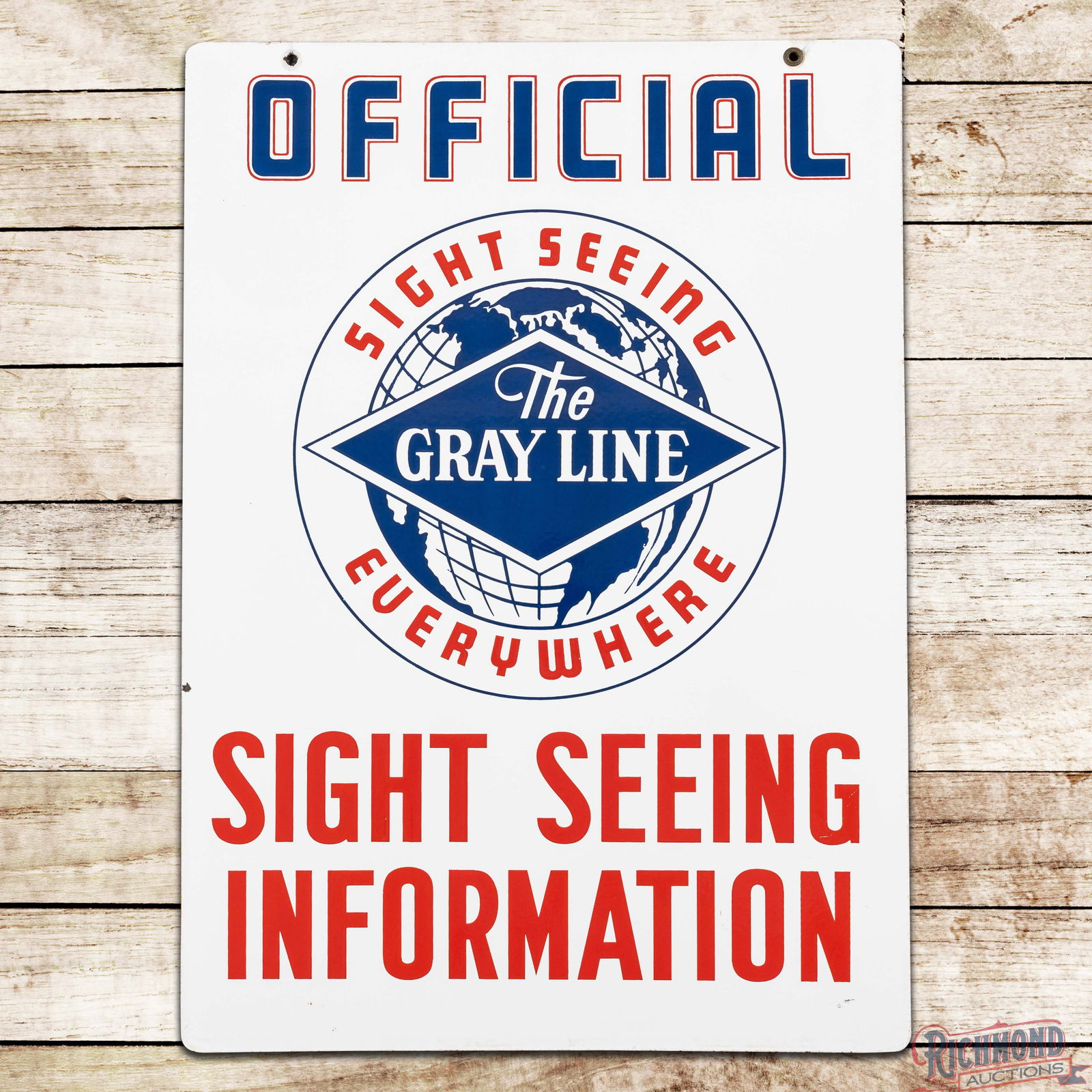 Amazing Official The Gray Line Sight Seeing Information Bus Double Sided Porcelain Sign w/ World: Amazing DSP (Double Sided Porcelain) sign has day one color and gloss. The display has a clean field and features a large Gray Line logo with world graphic. The perimeter has light wear with minor mar