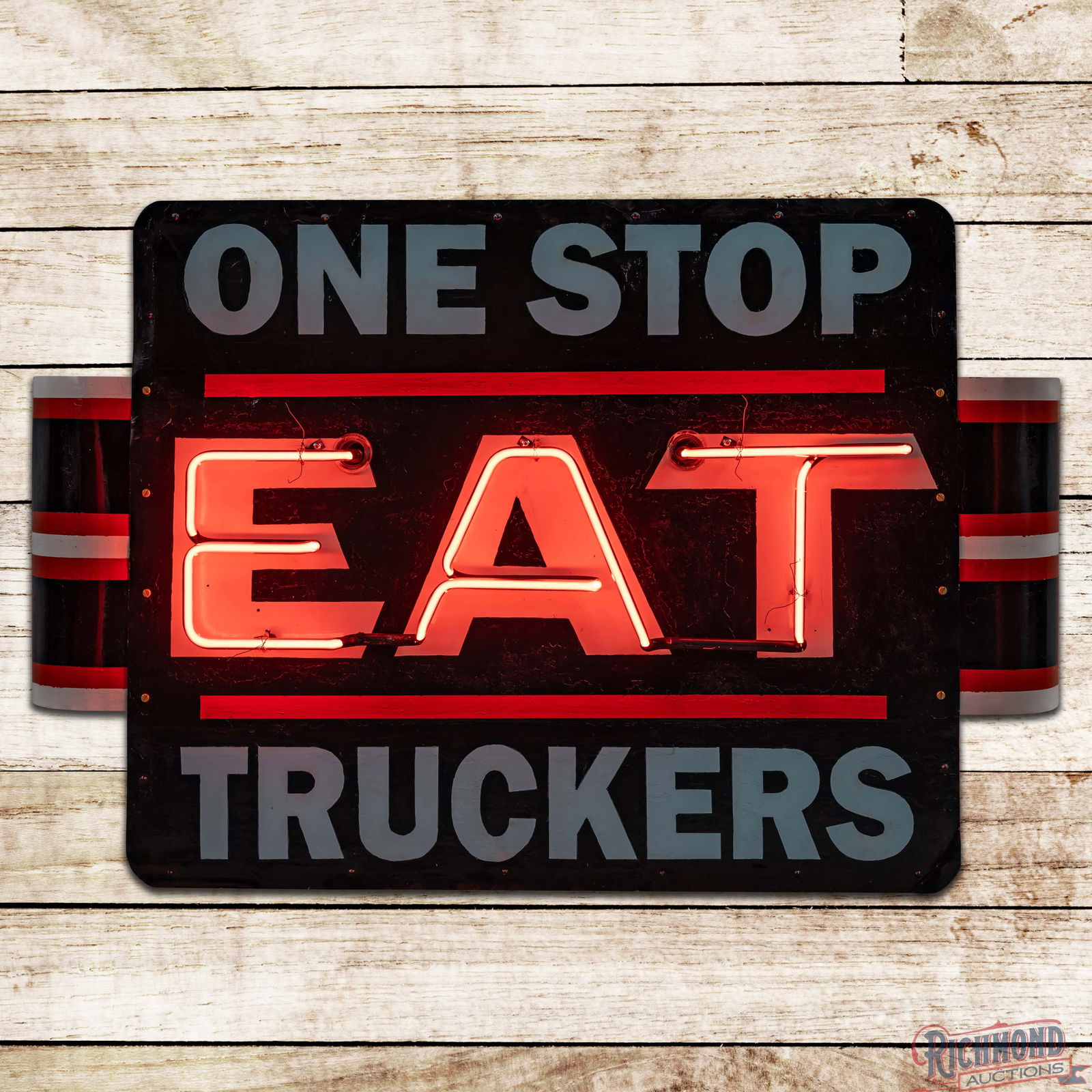 EAT One Stop Truckers Double Sided Tin 4' Factory Neon Sign: DST (Double Sided Tin) factory neon sign with the original metal can and bullnoses has been repainted. The display has light wear, small paint chips, and bends along the perimeter. The reverse and