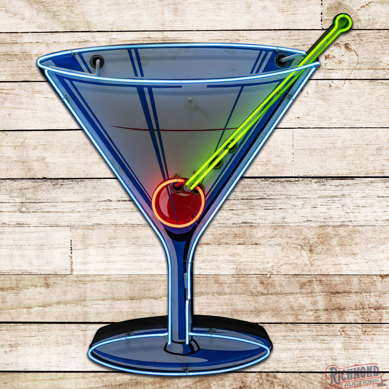 Impressive Martini Cocktail Bar Die Cut 4' Single Sided Porcelain Factory Neon Sign w/ Cherry: SSP (Single Sided Porcelain) die cut factory neon sign with the original metal can has excellent color and gloss. The sign features brilliant three-color neon which pairs nicely with the unique die cu