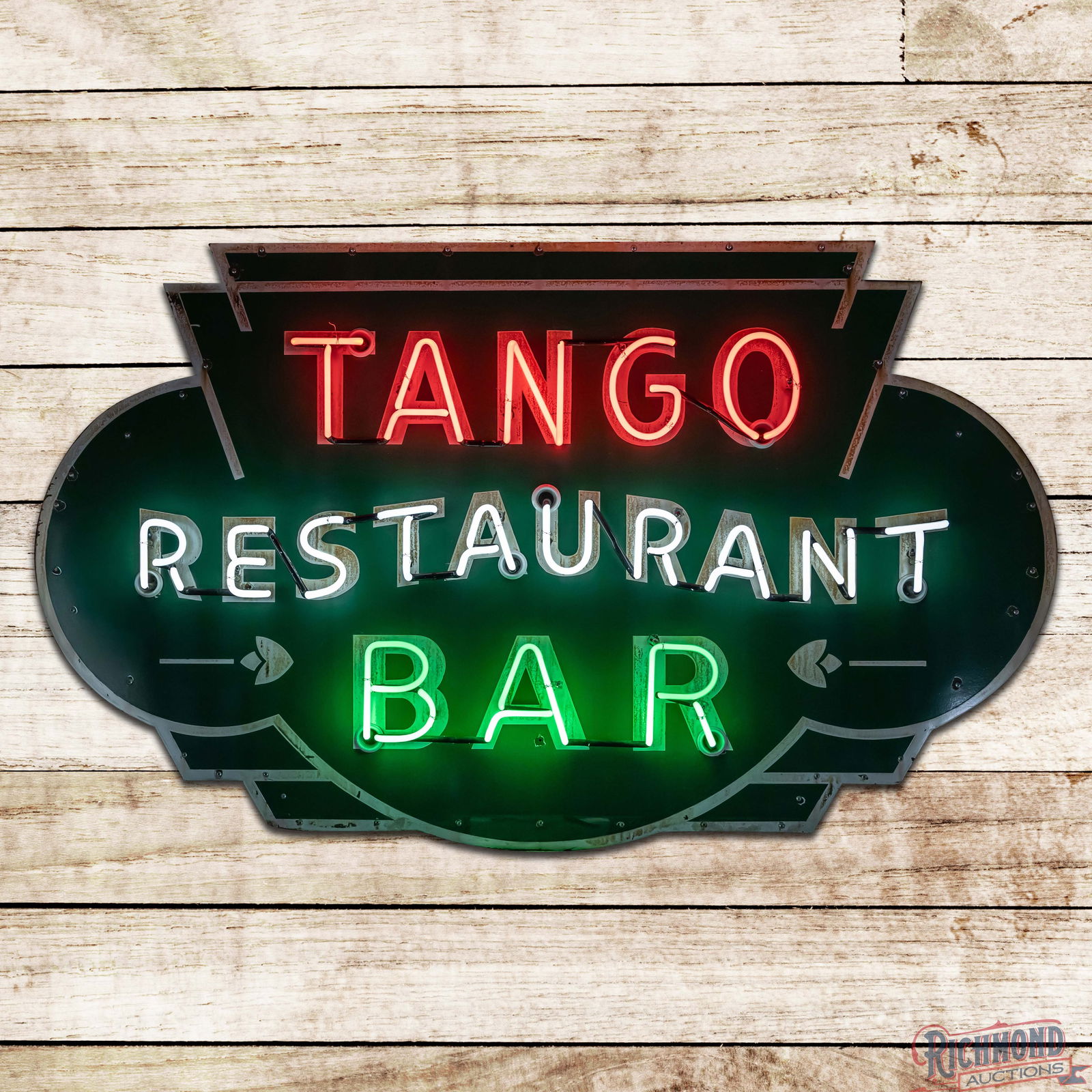 Tango Restaurant Bar Die Cut 6' Single Sided Porcelain Factory Neon Sign: SSP (Single Sided Porcelain) factory neon sign with a new metal can has good color and gloss. The sign features a die cut shape paired with three-color neon. It exhibits general wear to the white porc
