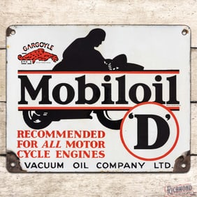Gargoyle Mobiloil D "For All Motor Cycle Engines" Single Sided Porcelain Sign