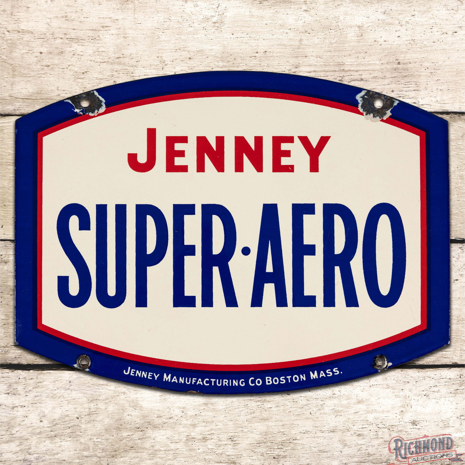 Jenney Super Aero Gasoline Single Sided Porcelain Pump Plate Sign: SSP (Single Sided Porcelain) sign has outstanding color and gloss. The field is exceptionally clean with a tiny nick in the "E" of Jenney. The perimeter has chips at the mounting holes and two