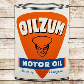 Oilzum Motor Oil "Choice of Champions" Single Sided Tin Quart Oil Can Shaped Sign w/ Oswald