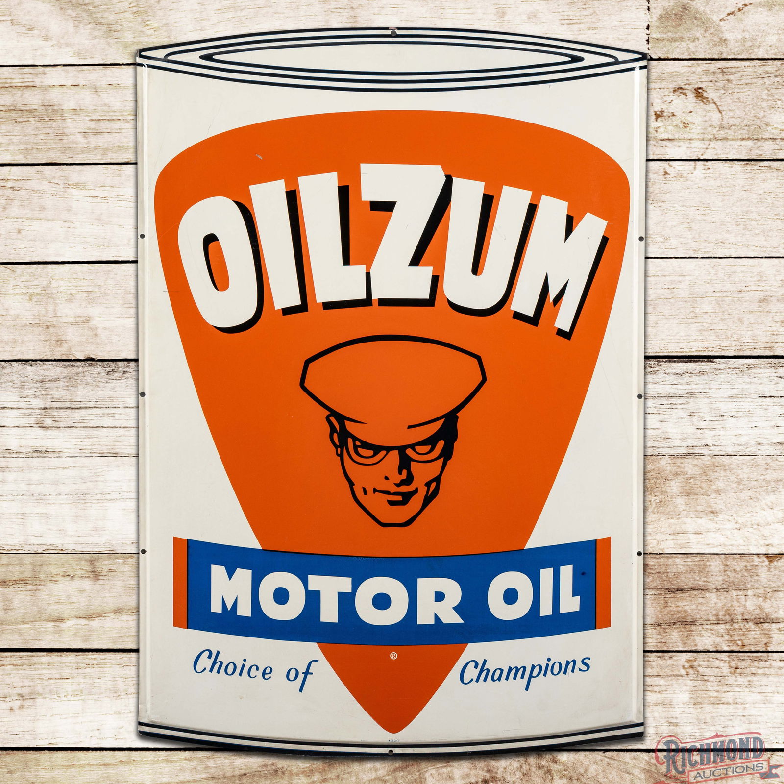Oilzum Motor Oil "Choice of Champions" Single Sided Tin Quart Oil Can Shaped Sign w/ Oswald: SST (Single Sided Tin) self-framed sign has excellent color and shine. The field has light wear with small scratches in the lettering paint chip above the "I" in the upper field and marks in the