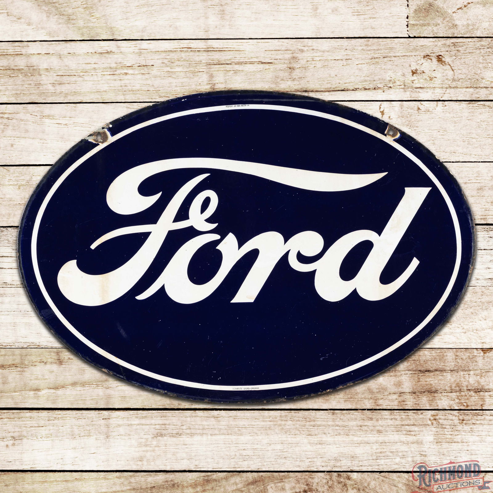 Ford Automobiles 33" Double Sided Porcelain Logo Sign "Medium": DSP (Double Sided Porcelain) sign has very good color and gloss. The display has light surface wear with areas of discoloration in the white porcelain enamel and tiny errant paint drips in the