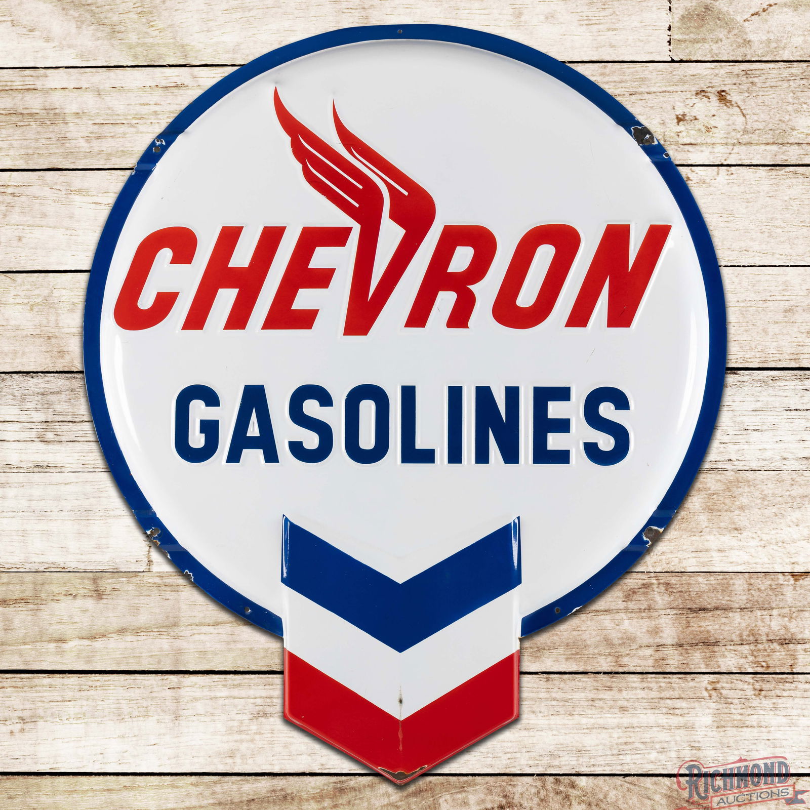 Chevron Gasolines 5' Emb. Single Sided Porcelain Die Cut Button Sign w/ Hallmark: SSP (Single Sided Porcelain) die cut embossed, convex sign has excellent color and gloss. The field has light wear with marks and minor nicks in the upper lettering. The lower field has a chip in the