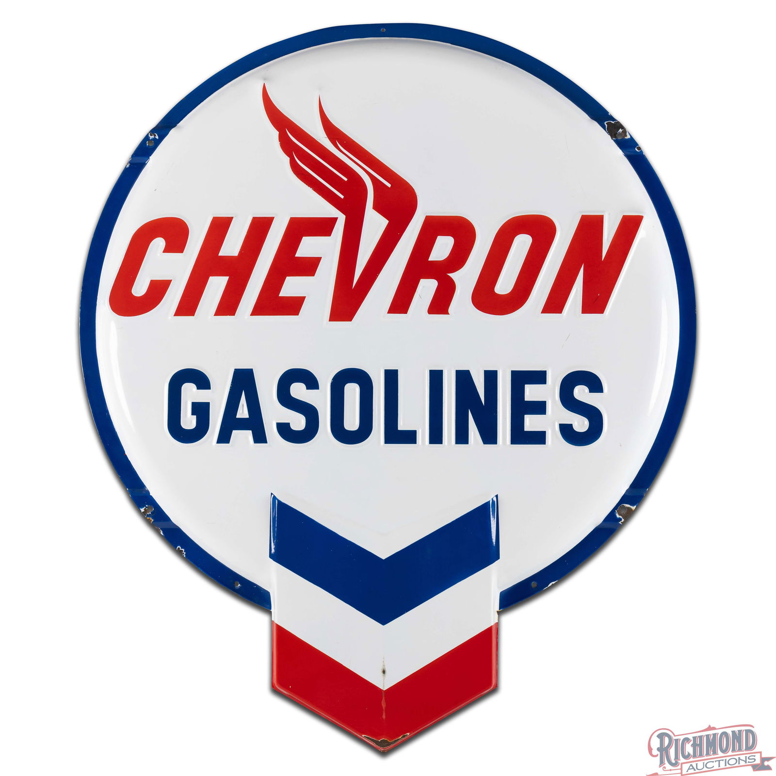 Chevron Gasolines 5' Emb. Single Sided Porcelain Die Cut Button Sign w/ Hallmark - 2
