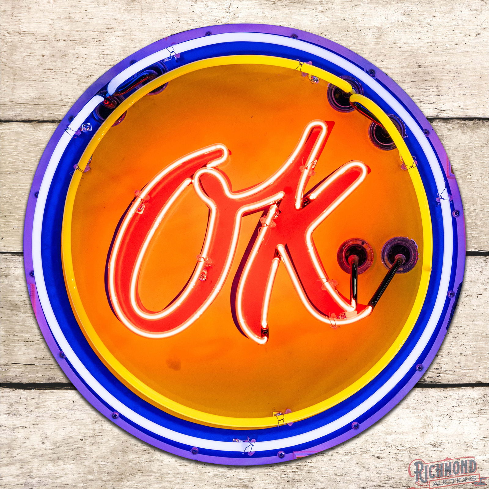 Chevrolet OK 24" Single Sided Porcelain Neon Sign: SSP (Single Sided Porcelain) neon sign with a metal can has outstanding color and gloss. The sign features three-color neon with classic OK porcelain enamel colors. The field is clean with small chips