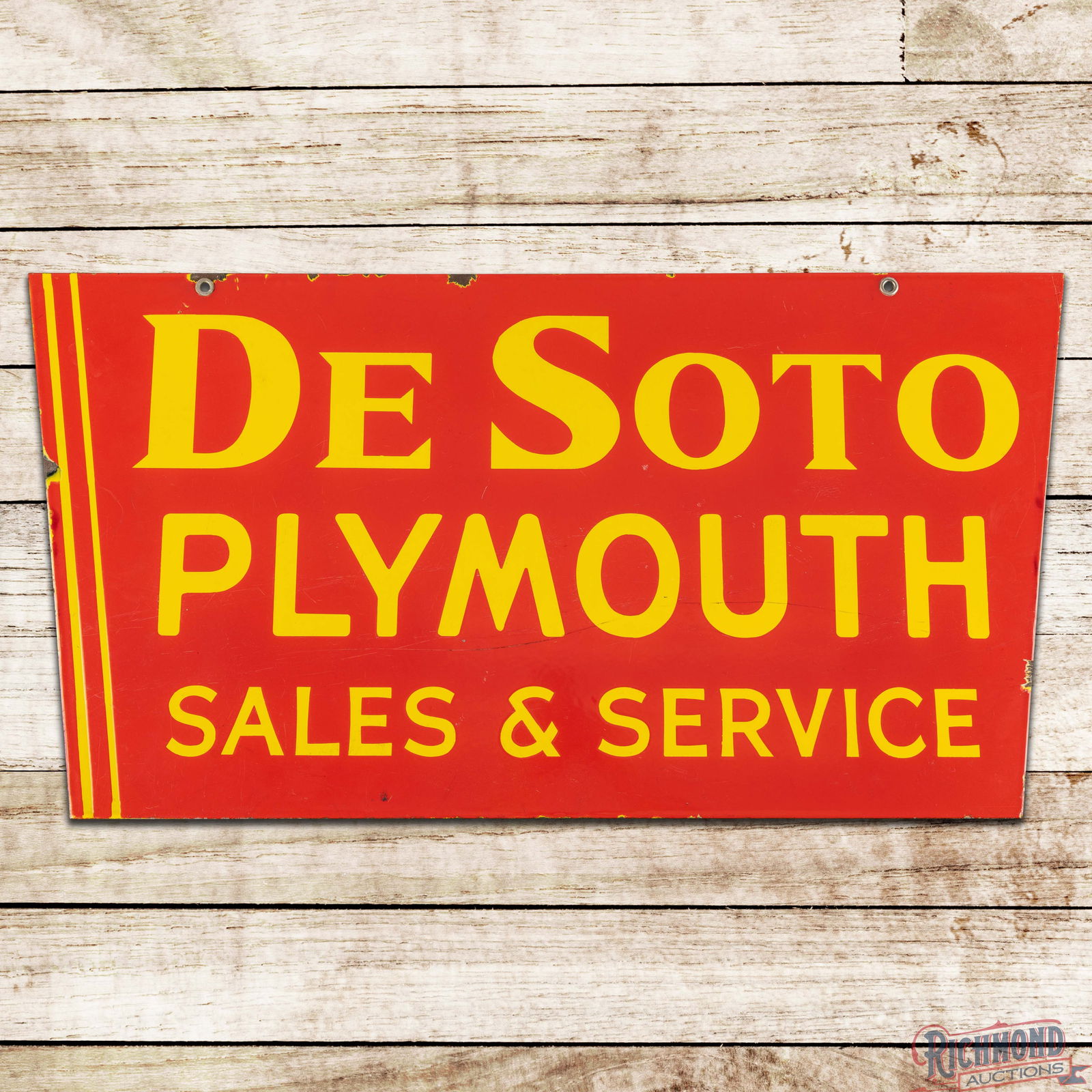 DeSoto Plymouth Sales & Service Die Cut Double Sided Porcelain Sign: Early DSP (Double Sided Porcelain) die cut sign has excellent color and gloss. The display has light surface wear with factory imperfections in the fields. The perimeter has chips at the mounting hole