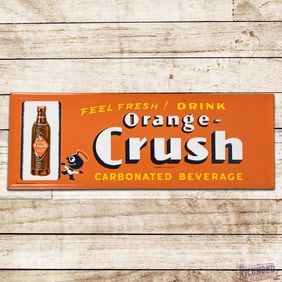 Excellent Feel Fresh! Drink Orange Crush Carbonated Beverage 4' Emb. SS Tin Sign w/ Crushy & Bottle