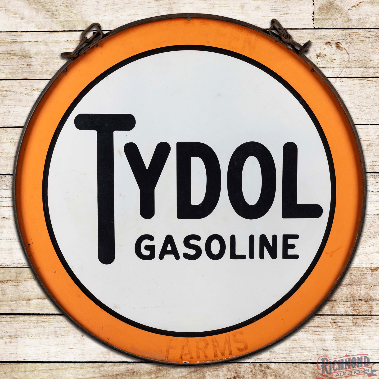 Tydol Gasoline 48" Double Sided Porcelain Sign w/ Factory Ring: DSP (Double Sided Porcelain) sign with the original metal ring has good color. The display has cloudiness with slight fading throughout. The field has light wear with bruises and marks. The perimeter