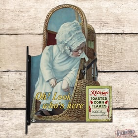 Kellogg's Toasted Corn Flakes "Oh! Look Who's Here" Die Cut Double Sided Tin Flange Sign w/ Baby