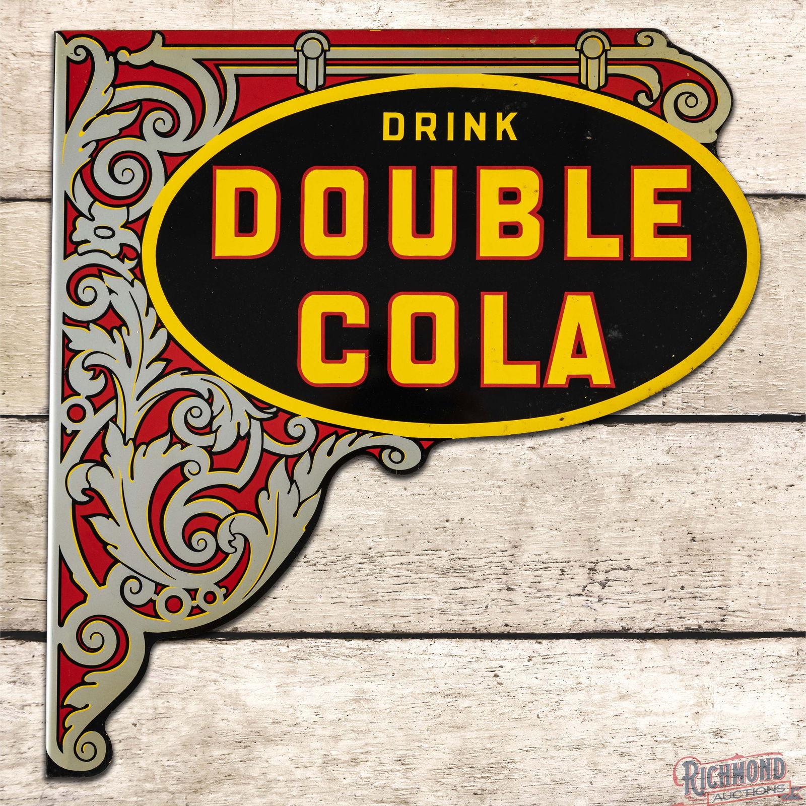 Outstanding NOS Drink Double Cola Die Cut Double Sided Tin Flange Sign w/ Paper & Logo: NOS (New Old Stock) DST (Double Sided Tin) die cut flange with factory paper has day one color and shine. The display is very clean overall with small areas of paper residue and minor nicks in the