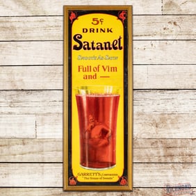 Rare Drink Satanet 5 Cents "Smooth as Satin" Emb. Single Sided Tin Sign w/ Devil in Glass