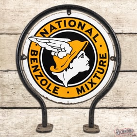 National Benzole Mixture Gasoline Double Sided Porcelain Sign w/ Factory Frame & Mr. Mercury Logo