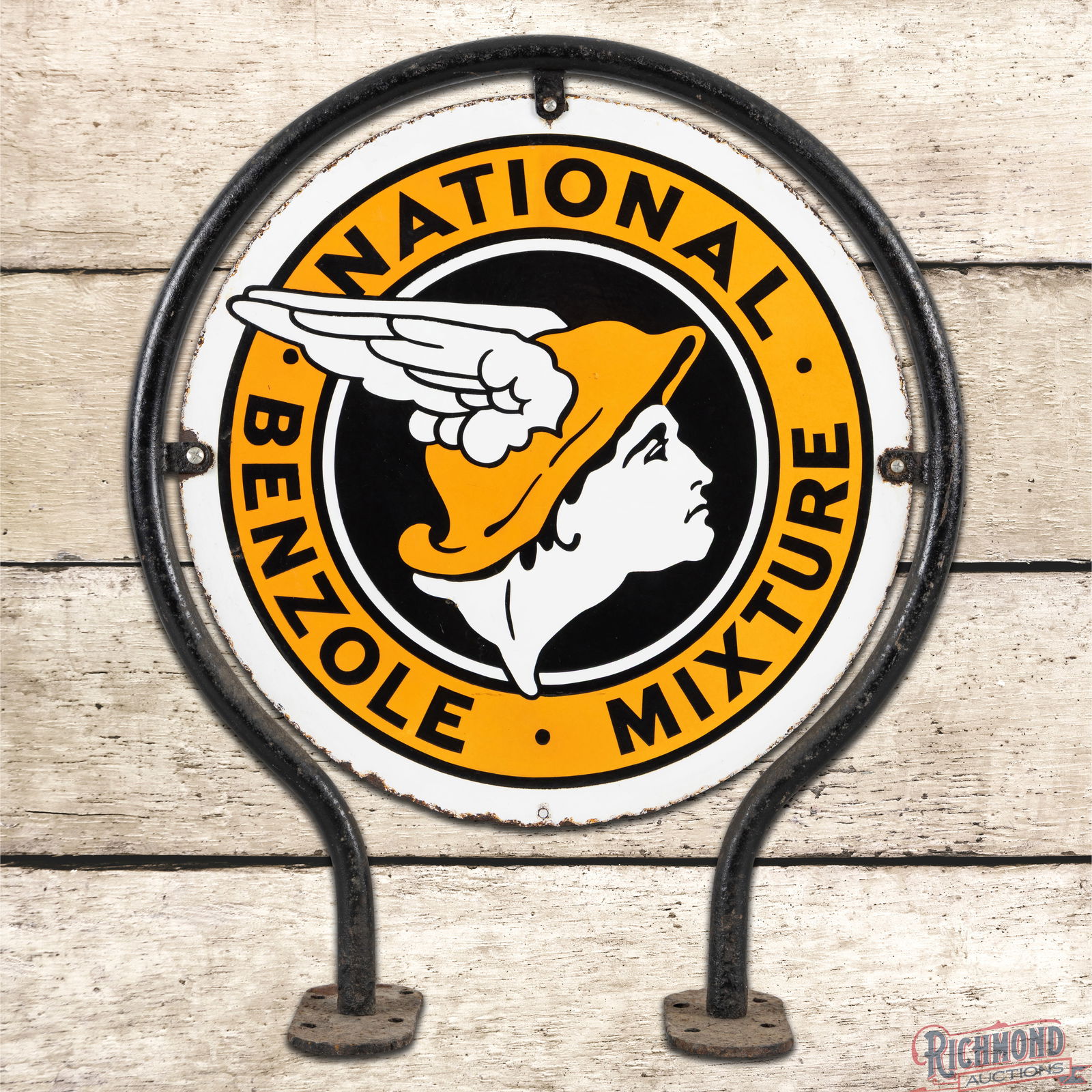 National Benzole Mixture Gasoline Double Sided Porcelain Sign w/ Factory Frame & Mr. Mercury Logo: DSP (Double Sided Porcelain) sign with factory mounting ring has excellent color and gloss. Side #1 has a tiny flake in Mr. Mercury's cap and minor mark in the lower field. The perimeter has chips at