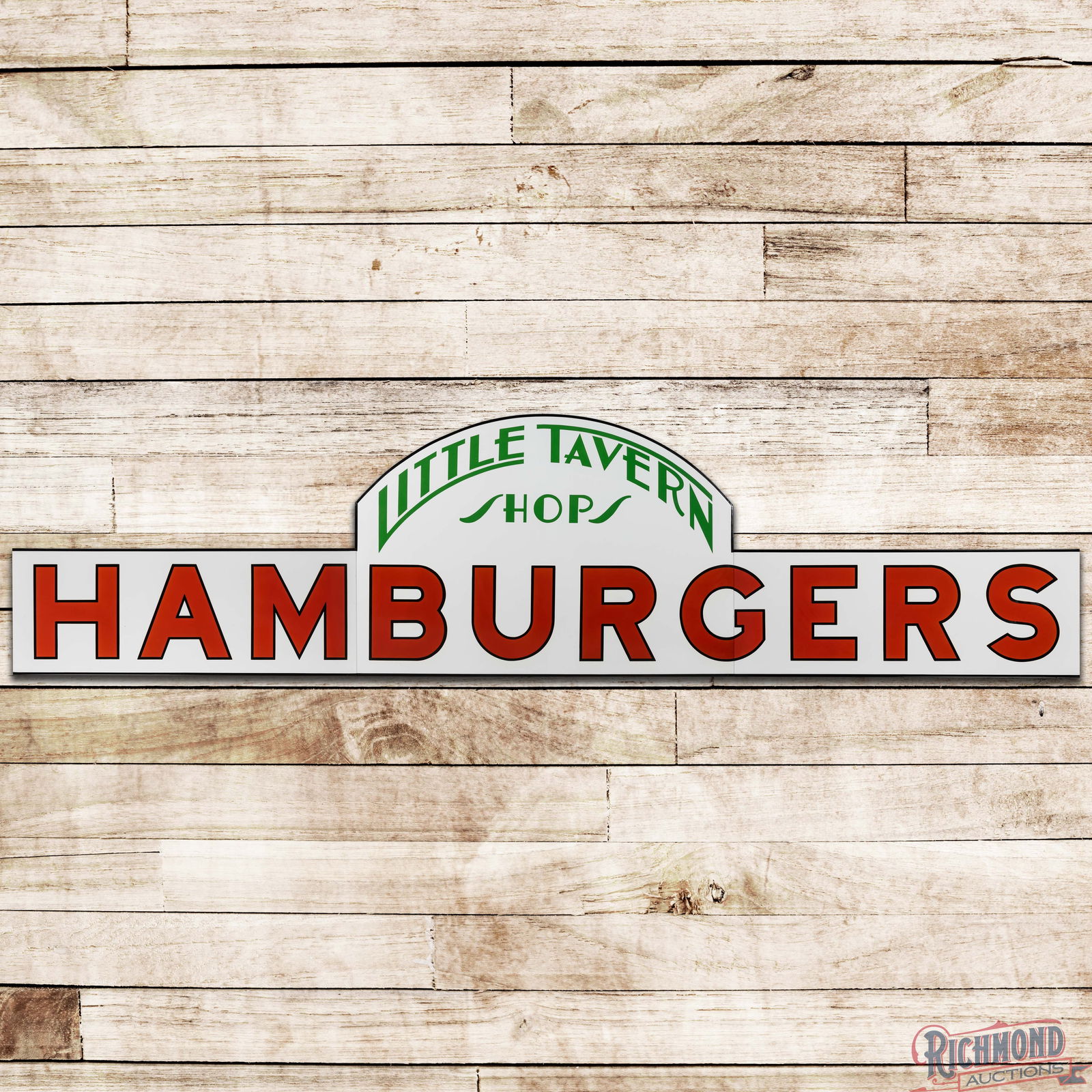 Incredible Little Tavern Shops Hamburger Restaurants 14' Single Sided Porcelain Sign: SSP (Single Sided Porcelain) multi-piece rolled edge sign has day one color and gloss. The fields are clean with vibrant colors and heavy shelving. The perimeters have minor wear with tiny edge chips.