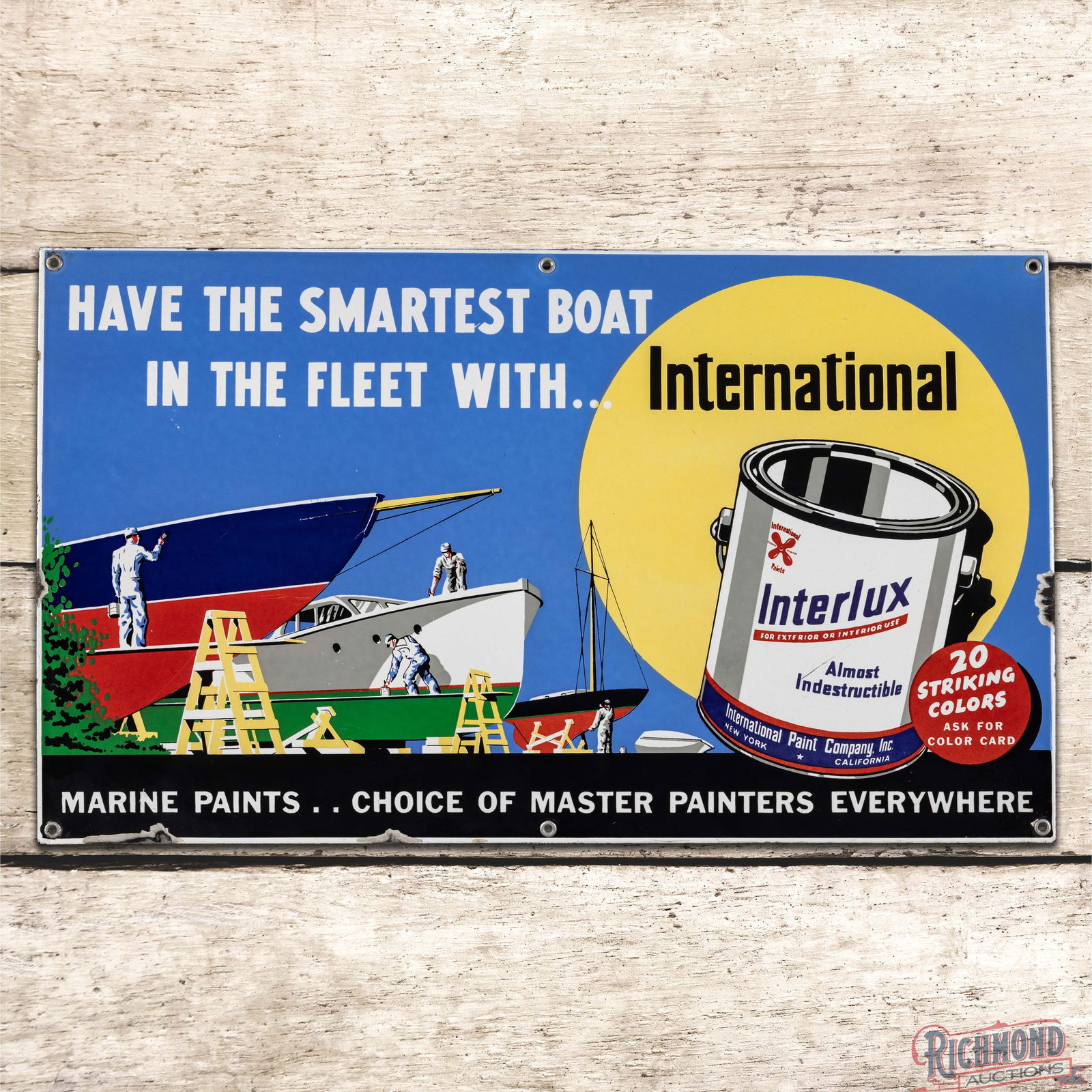 Interlux Marine Paints "Smartest Boat in the Fleet" Single Sided Porcelain Sign w/ Ships: SSP (Single Sided Porcelain) sign has outstanding color and gloss. The sign features vibrant colors with ships, painters and a can of Interlux Paint in the right field. The display has light wear