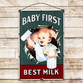 Exceptional Pevely Dairy Baby First Best Milk Single Sided Porcelain Truck Sign w/ Graphics