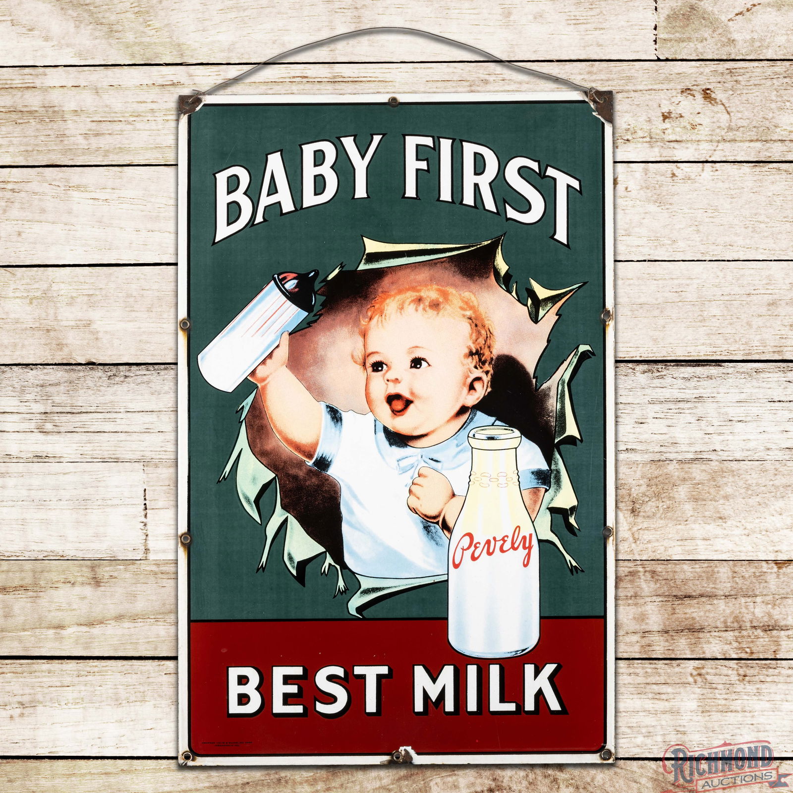 Exceptional Pevely Dairy Baby First Best Milk Single Sided Porcelain Truck Sign w/ Graphics: SSP (Single Sided Porcelain) sign has outstanding color and gloss. The sign would have been affixed to the sides of their horse drawn delivery wagons and eventually Pevely delivery trucks. The field