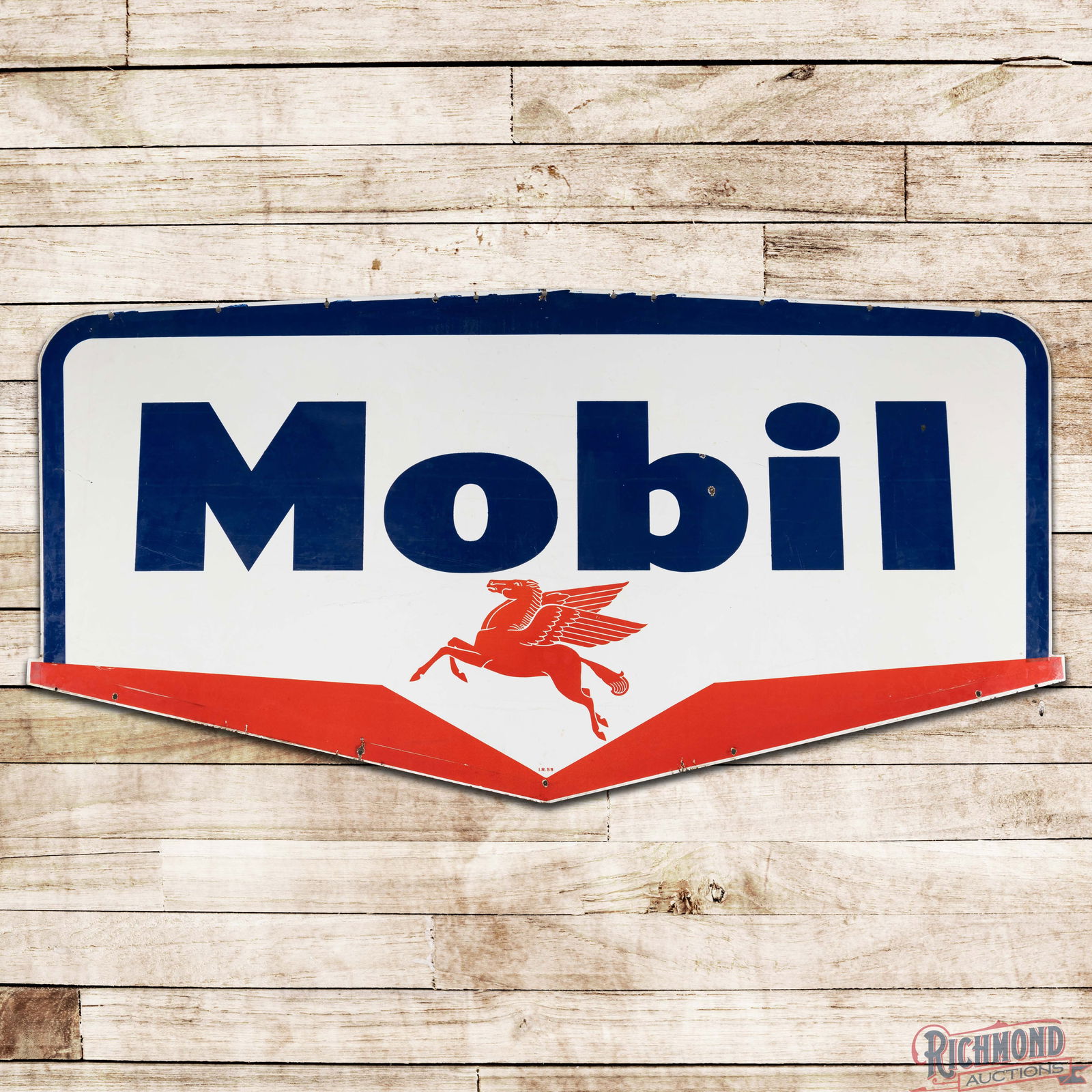 1959 Mobil Gasoline Guillotine 8.5' Double Sided Porcelain ID Sign w/ Pegasus: DSP (Double Sided Porcelain) die cut guillotine sign has excellent color and gloss. Side #1 has light surface wear with fine scratches and two small chips in the right field. The perimeter has minor d