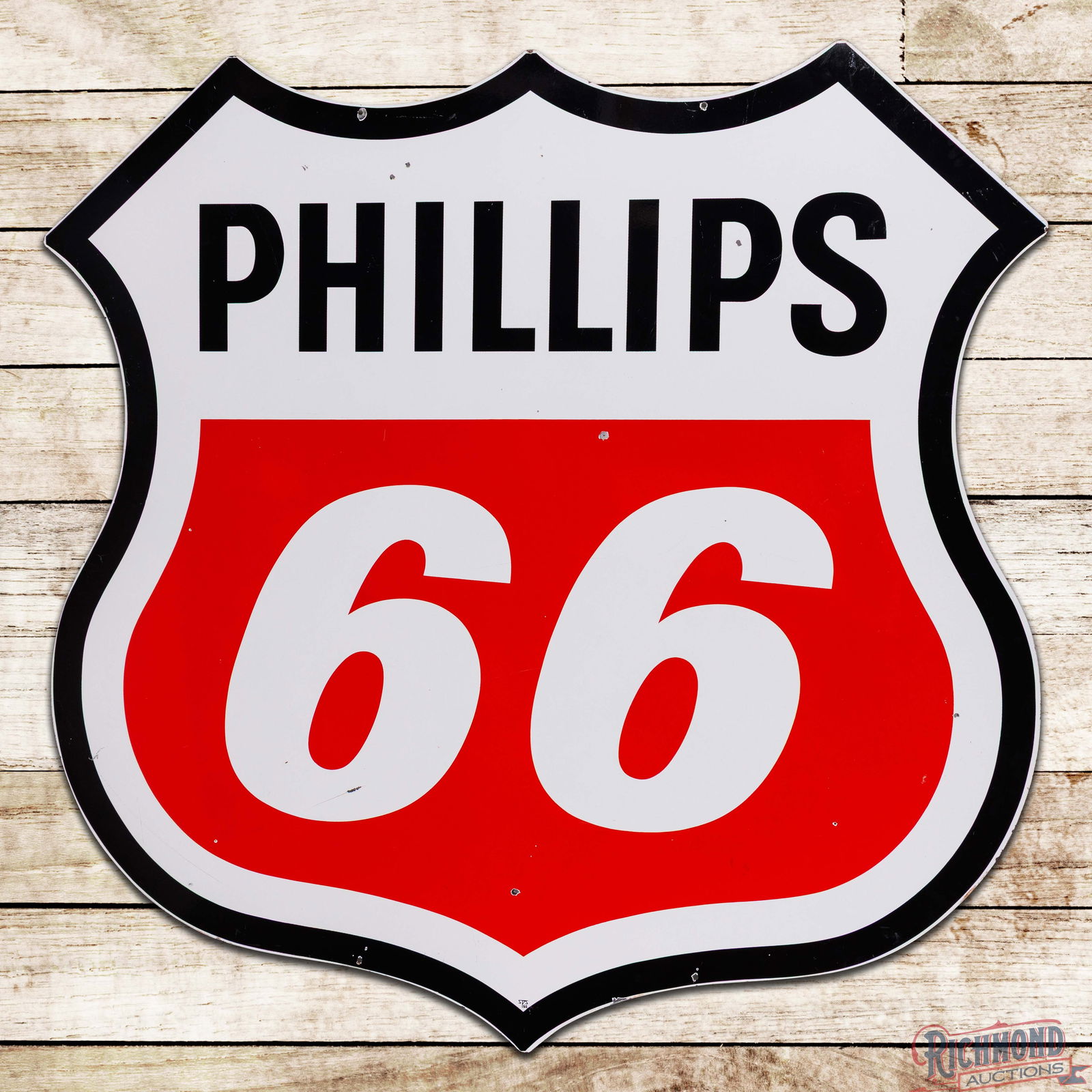 1966 Phillips 66 Gasoline 6' Double Sided Porcelain ID Sign: DSP (Double Sided Porcelain) die cut sign has excellent color and gloss. Side #1 has light surface wear with small chips in the fields. The perimeter has minor chipping at the mounting holes and