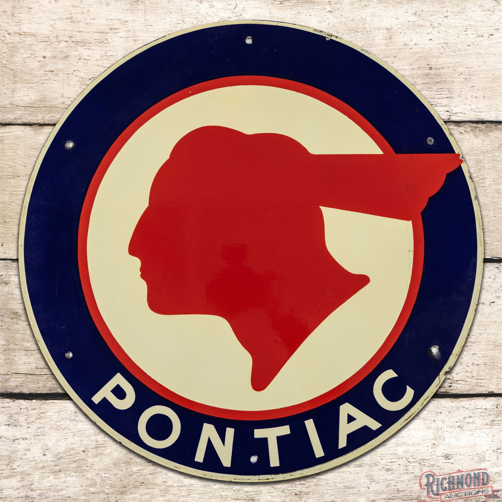 Iconic Pontiac Automobiles 20" Single Sided Porcelain Sign w/ Full Feather Logo: SSP (Single Sided Porcelain) sign has outstanding color and gloss. The field is very clean overall and features a large Pontiac "Full Feather" logo with areas of light surface wear. The perimeter has