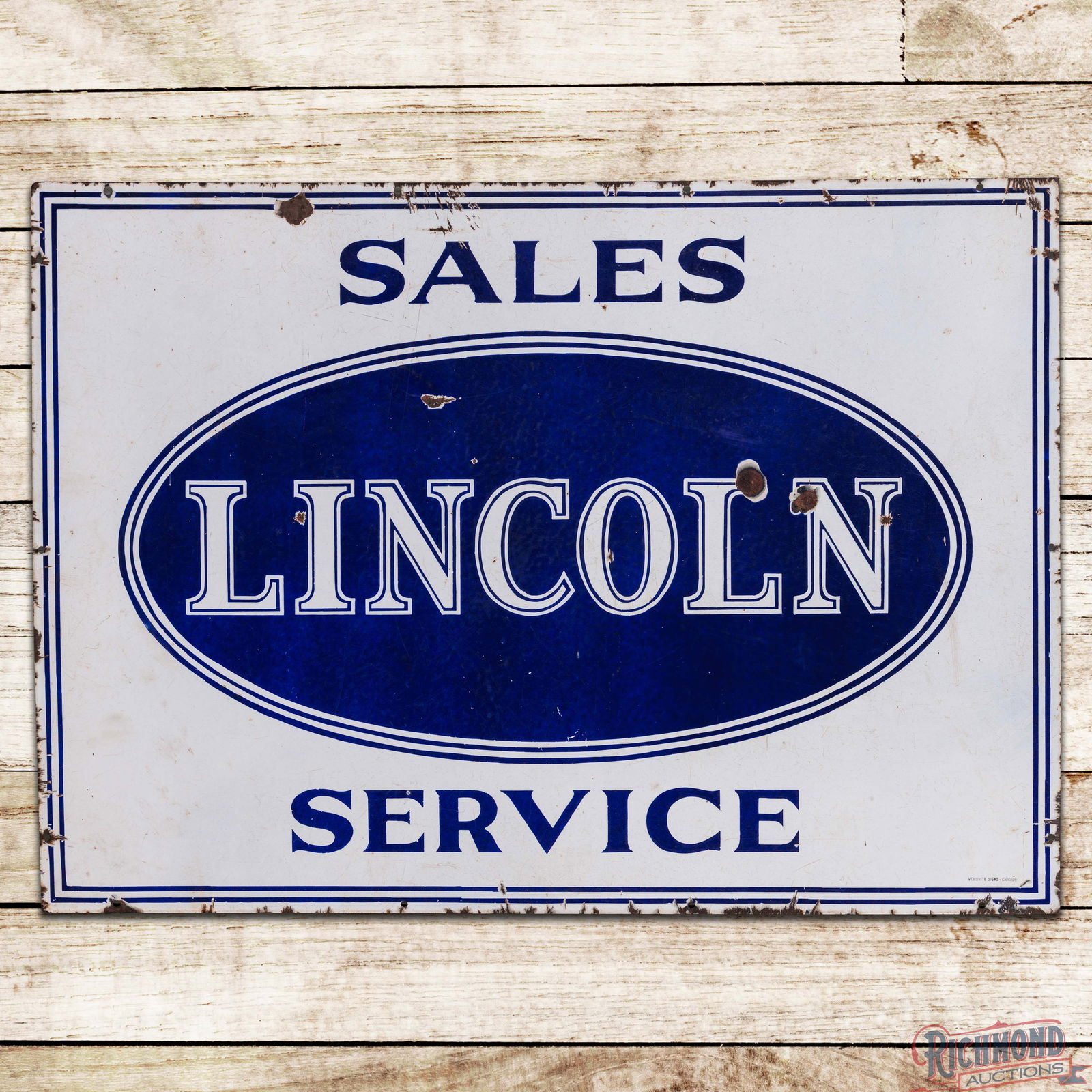 Lincoln Sales Service 42" Single Sided Porcelain Sign: SSP (Single Sided Porcelain) sign has very good color and gloss. The field exhibits chips with areas of surface wear and slight discoloration in the blue. The perimeter has chips with minor crazing .
