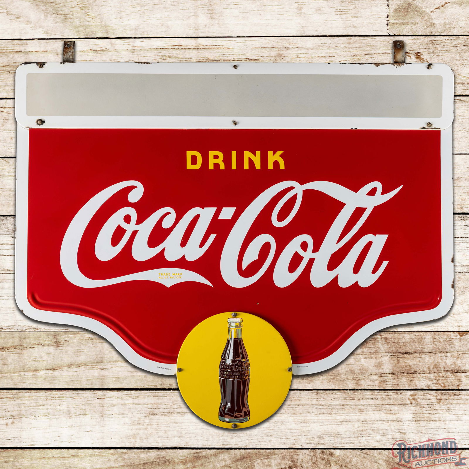 1938 Drink Coca Cola 5' Double Sided Porcelain Multipiece ID Sign w/ Bottles: DSP (Double Sided Porcelain) multi-piece Coke sign has outstanding color and gloss. The display field has small bruises, and eraser sized chip and a fine scratch with color match in the "A" of Cola.