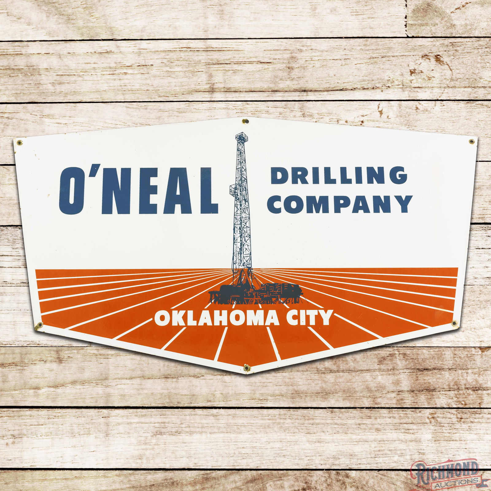 O'Neal Drilling Company Oklahoma City Die Cut Single Sided Porcelain Sign w/ Oil Derrick: Rare SSP (Single Sided Porcelain) die cut sign has excellent color and gloss. The field has outstanding graphics of an oil rig with light surface wear and small areas of weld spatter in the center